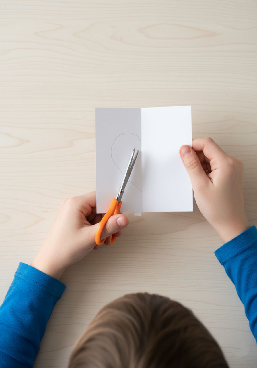 Child cutting a folded white paper square to create a symmetrical heart template for a Mother's Day waterfall card