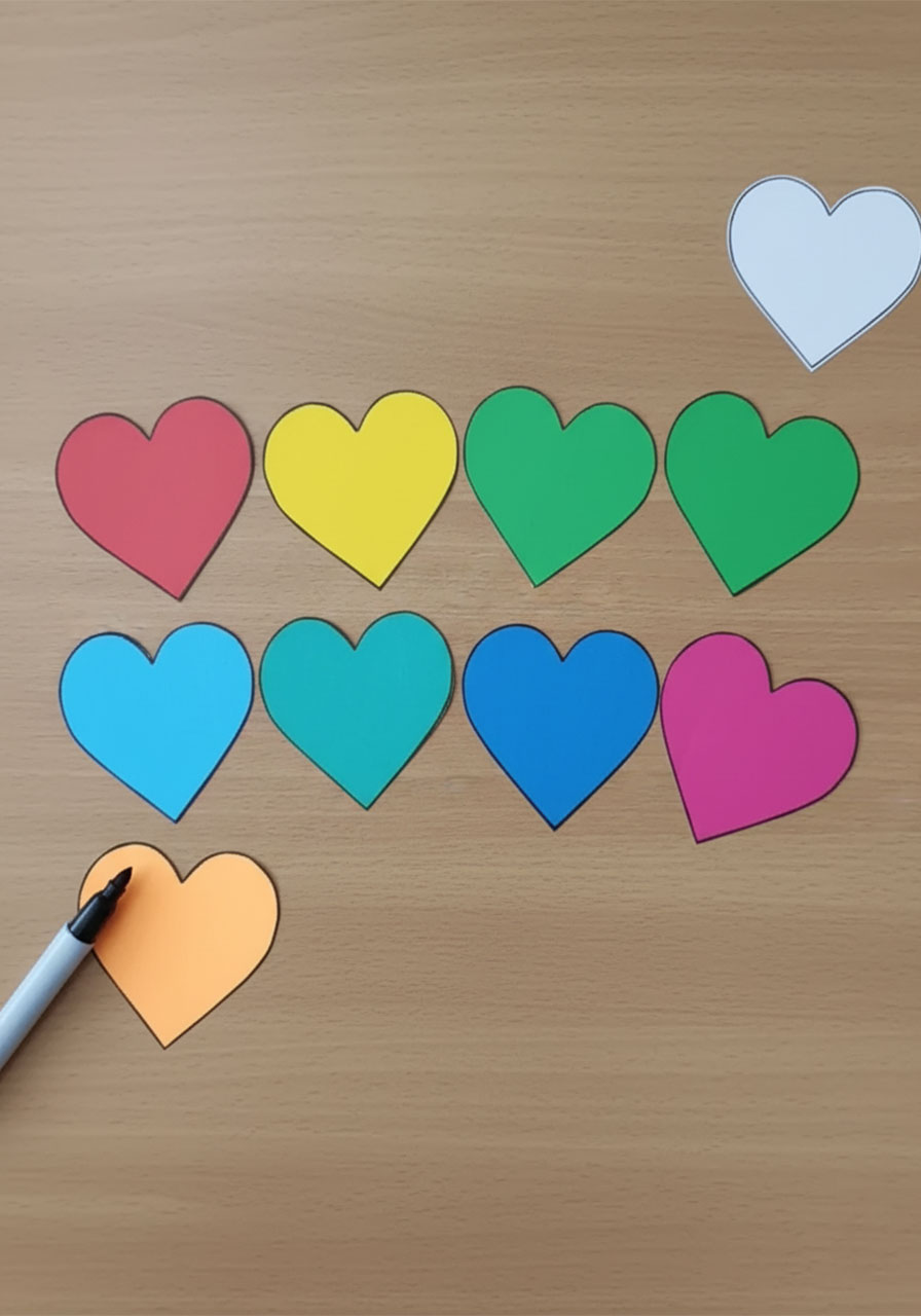 Eight colorful paper hearts cut out and outlined in black marker for a DIY Mother's Day waterfall card craft