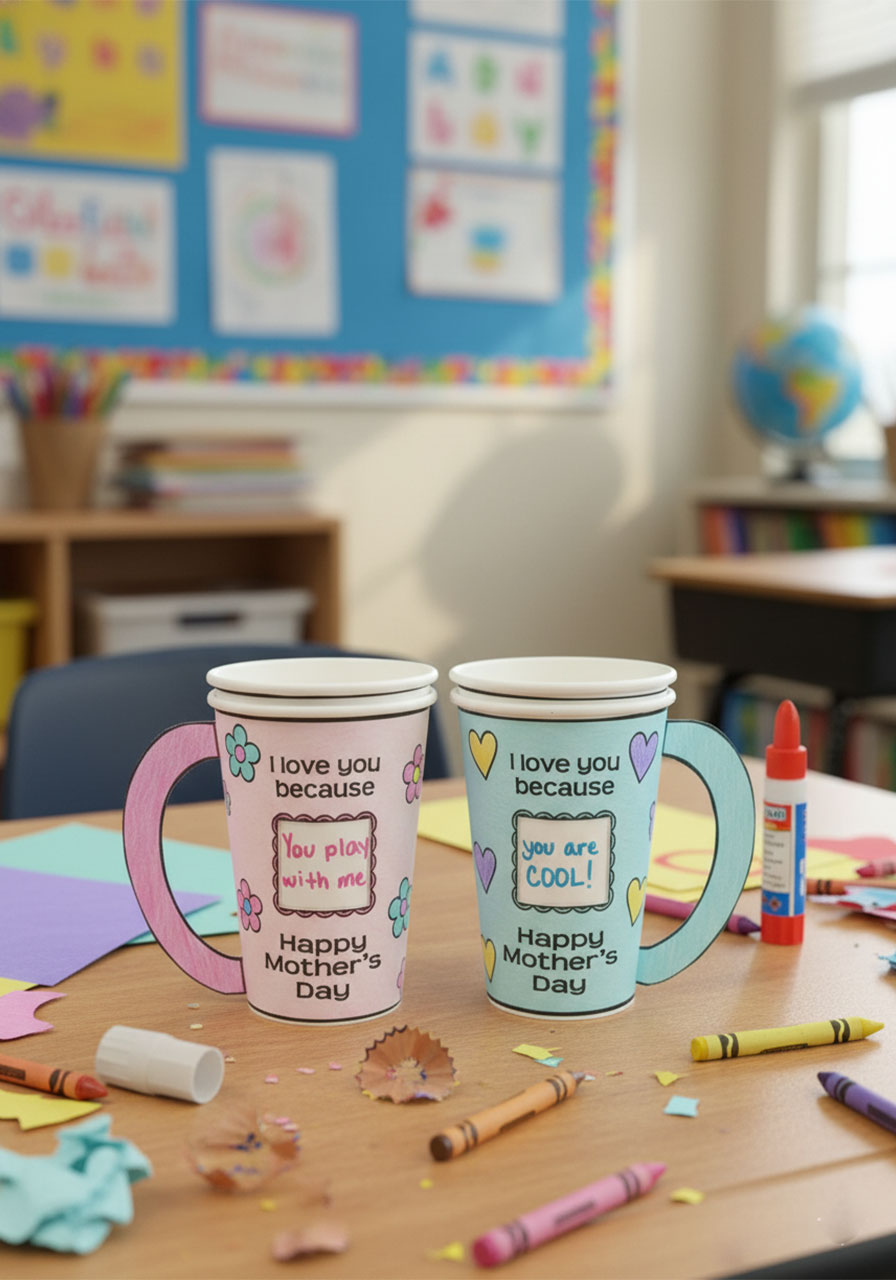 Two completed Mother's Day coffee cup crafts side by side — flower version and heart version — showing personalized "I love you because" messages
