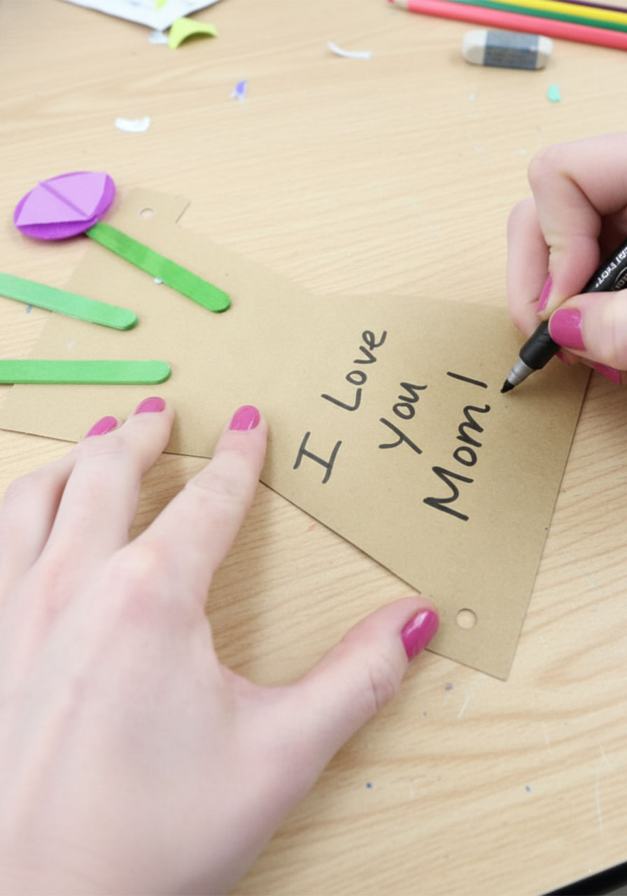 Writing a personalized I Love You Mom message inside the open Mother's Day flower pot craft card