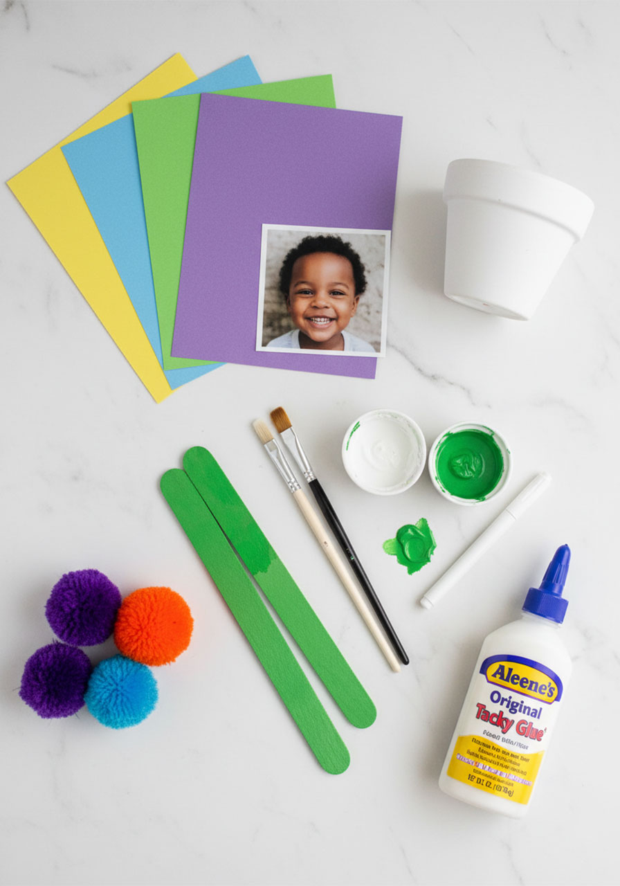 All materials needed for Mother's Day flower pot preschool craft including colored cardstock, terra cotta pot, craft sticks, pom poms, and tacky glue laid out flat on white surface