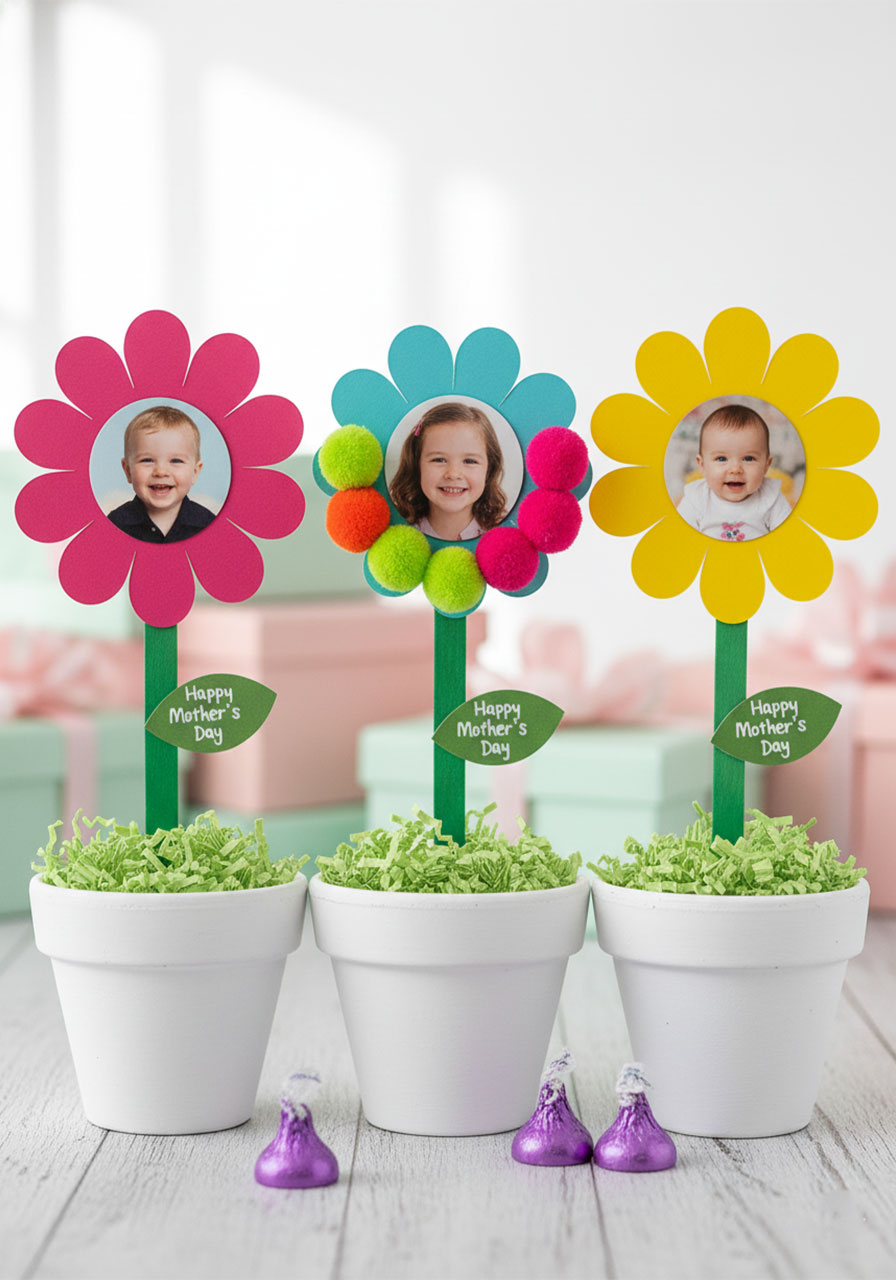 Three finished Mother's Day flower pot crafts showing paper and pom pom flower styles with children's photos in white terra cotta pots surrounded by chocolate kisses