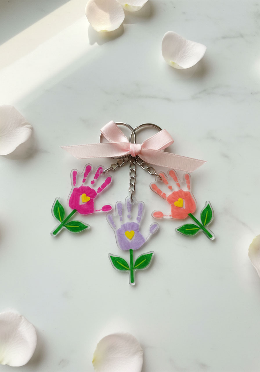 Set of three finished Shrinky Dinks flower handprint keychains in pink, lavender, and coral tied with a ribbon as a Mother's Day gift set, showing the completed craft idea for siblings or class