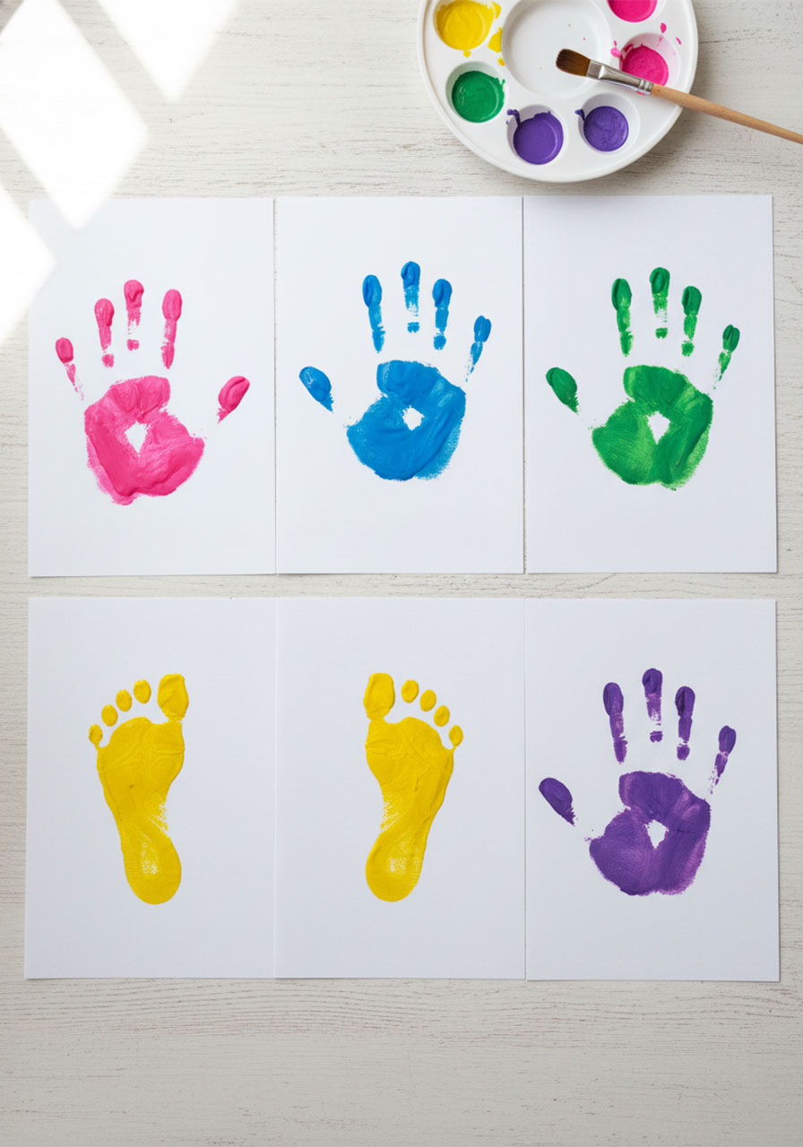 Six colorful painted handprints and footprints on white cardstock drying for Mother's Day handprint flower craft