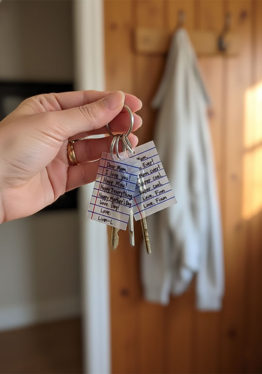 Mom holding car keys with three finished DIY shrink plastic notebook paper keychains made by her children for Mother's Day
