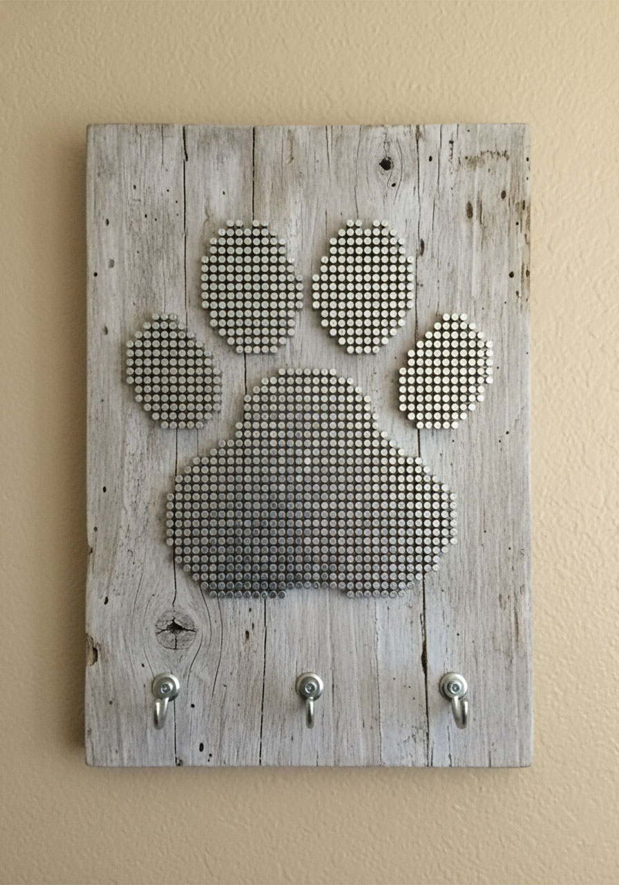 Finished DIY reclaimed wood paw print nail art board with three silver key hooks mounted on wall