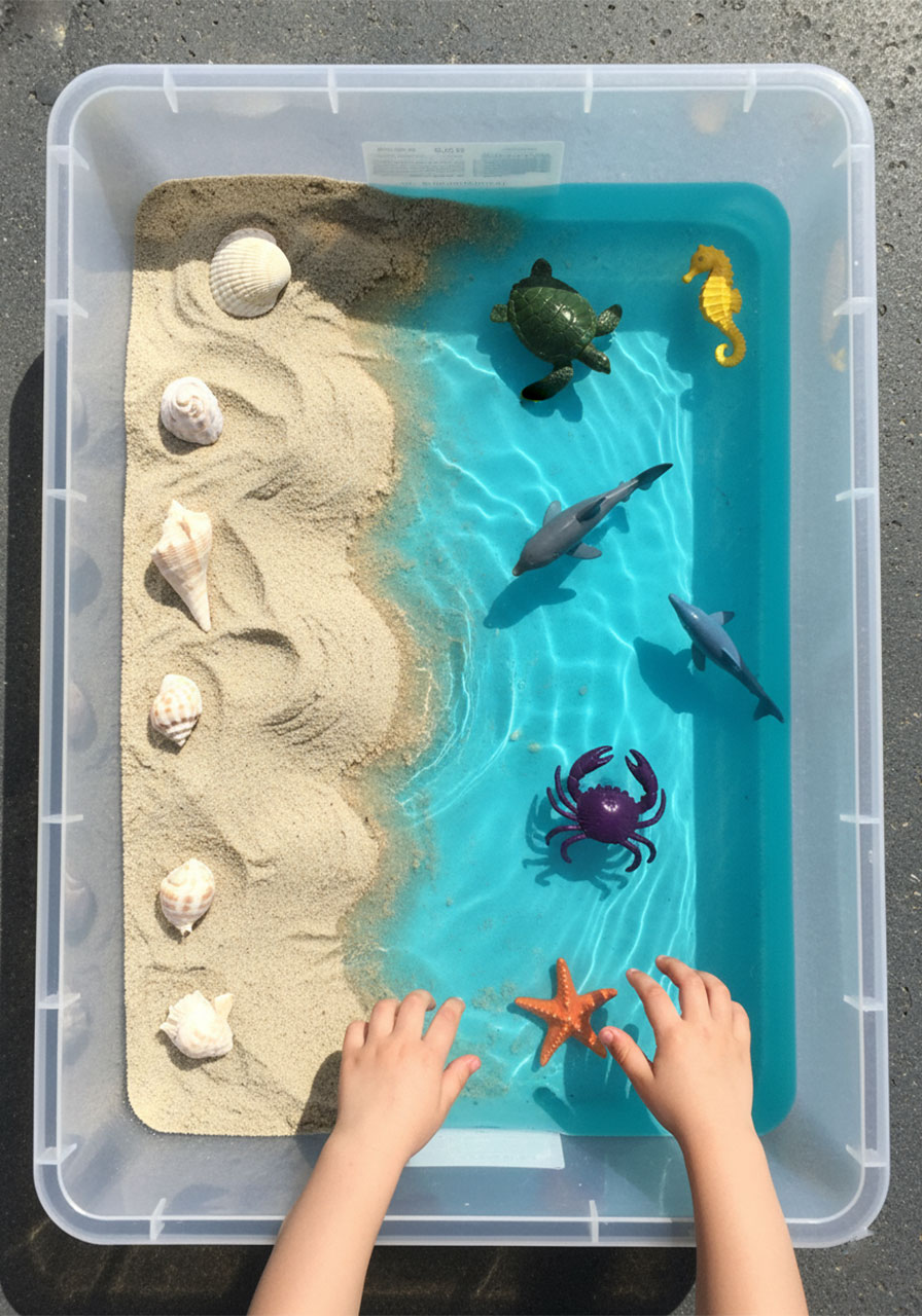 Sand and water ocean sensory bin with seashells and colorful ocean animal figurines, perfect for toddler sensory play and ocean learning