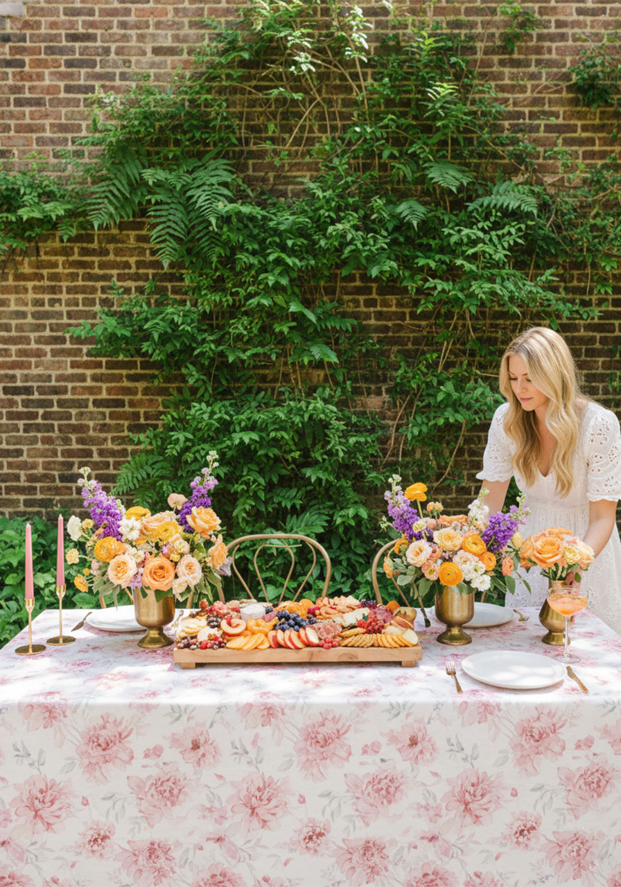 Outdoor Mother's Day brunch garden party table with floral arrangements, grazing board, and taper candles against a lush green garden wall