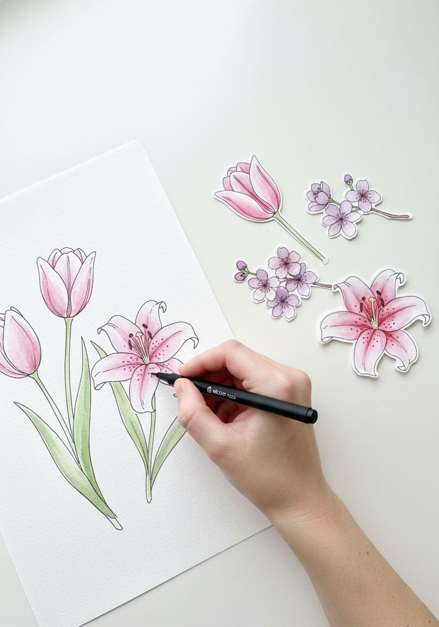 Hand outlining dried watercolor flowers with a black pen on the left, and finished cut-out paper flowers on the right, showing Step 2 of the DIY forever bouquet card