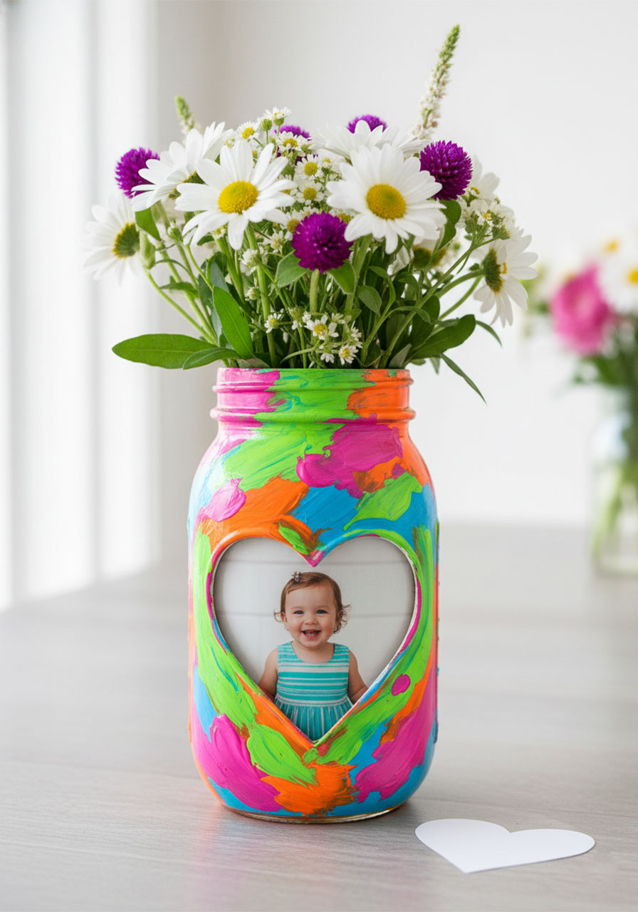 Colorful finger-painted Mason jar vase with heart-shaped photo window and fresh flowers — unique Mother's Day craft for grandma made by toddlers