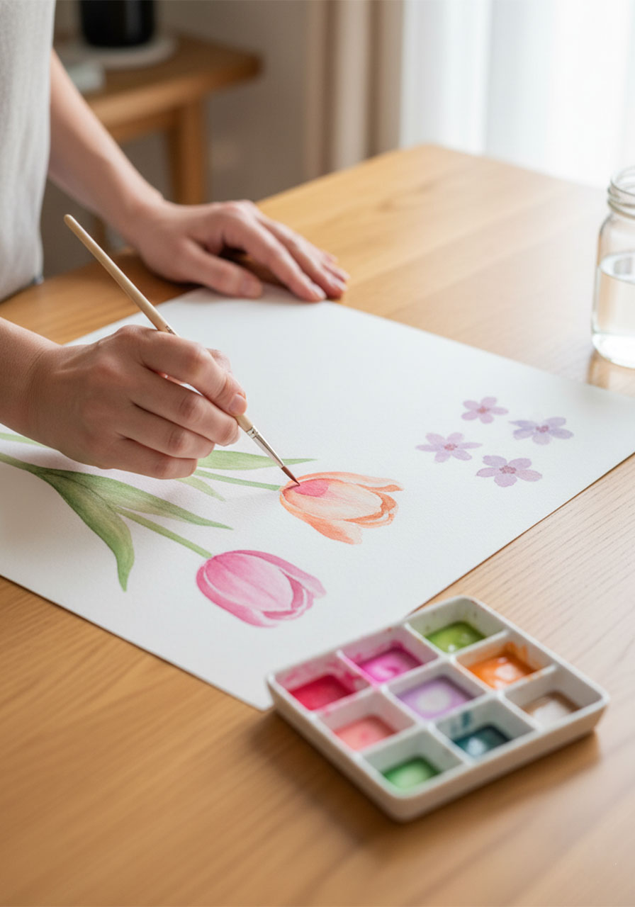 Hands painting individual watercolor flowers including tulips and blossoms on white paper as Step 1 of making a DIY forever bouquet Mother's Day card