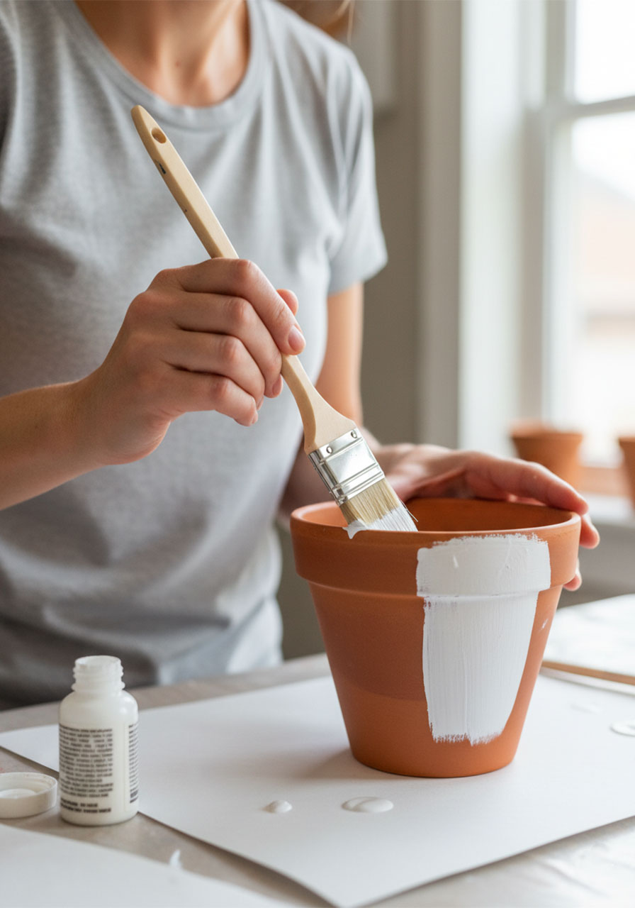 Adult hand painting white base coat on plain terracotta pot with flat brush as first step of Mothers Day flower pot craft