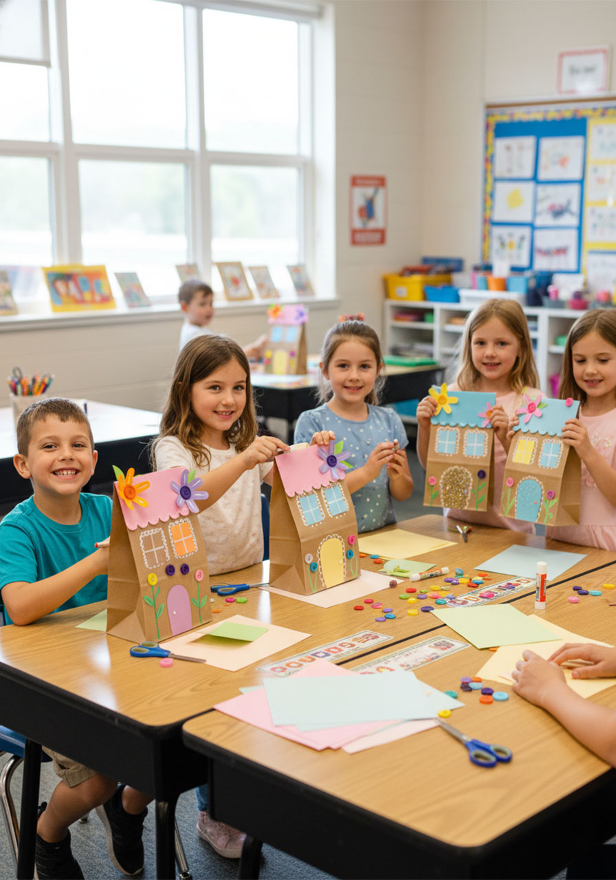 Elementary school children making paper bag fairy house crafts together at a classroom table with art supplies spread out around them