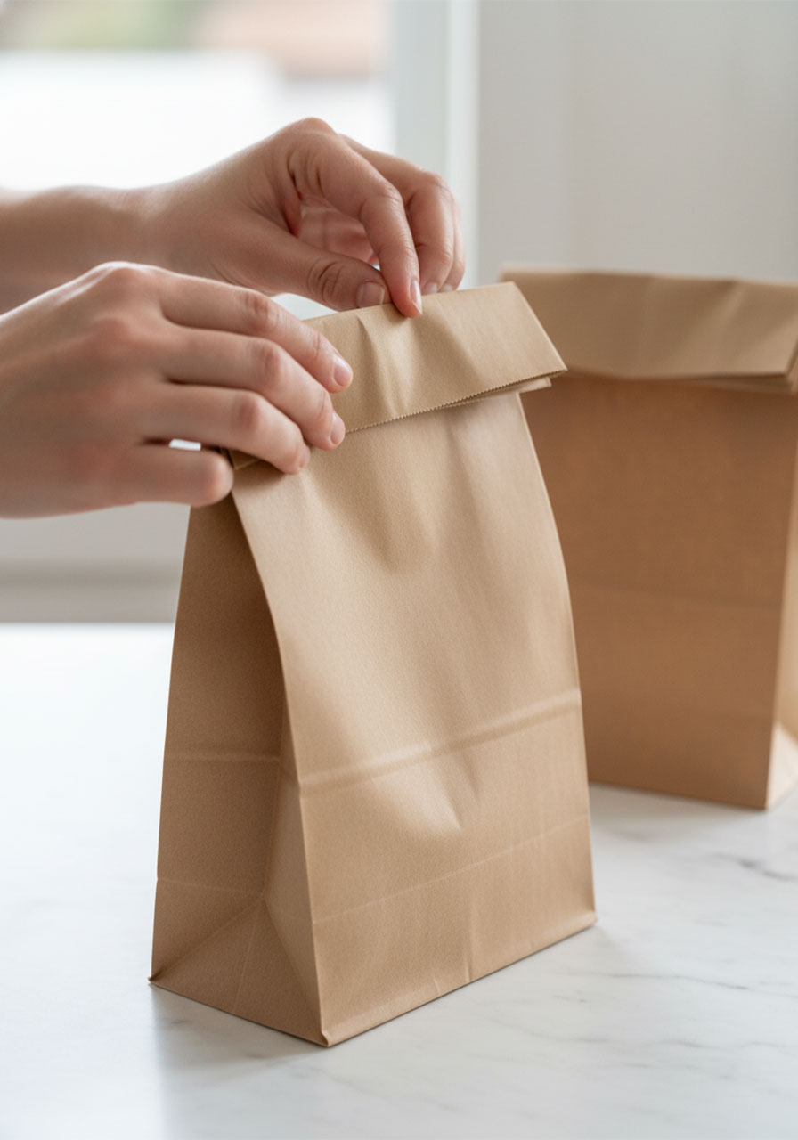 Hands puffing and folding the top of a brown paper lunch bag to create the roofline base for a paper bag fairy house craft