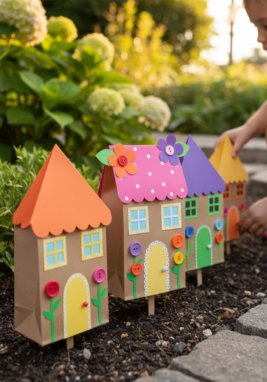 Three completed paper bag fairy houses displayed on craft sticks in an outdoor garden flower bed creating a magical fairy village scene