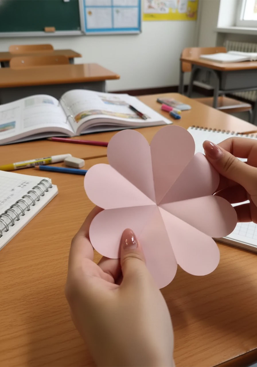 Hands folding and cutting a 14x14cm pink paper square into an 8-petal flower shape for pop-up card