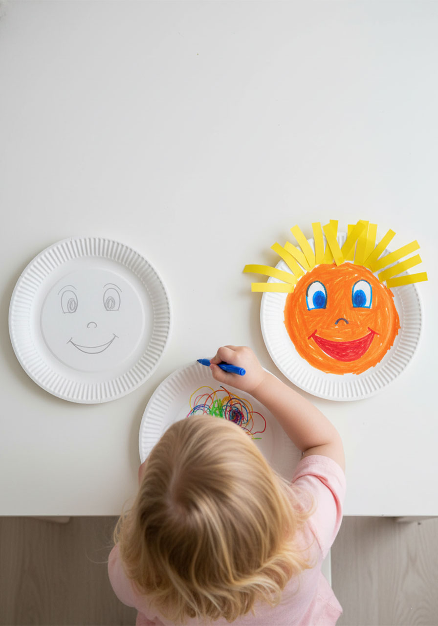 Three paper plates showing stages of a toddler making paper plate faces with pens and paper hair	