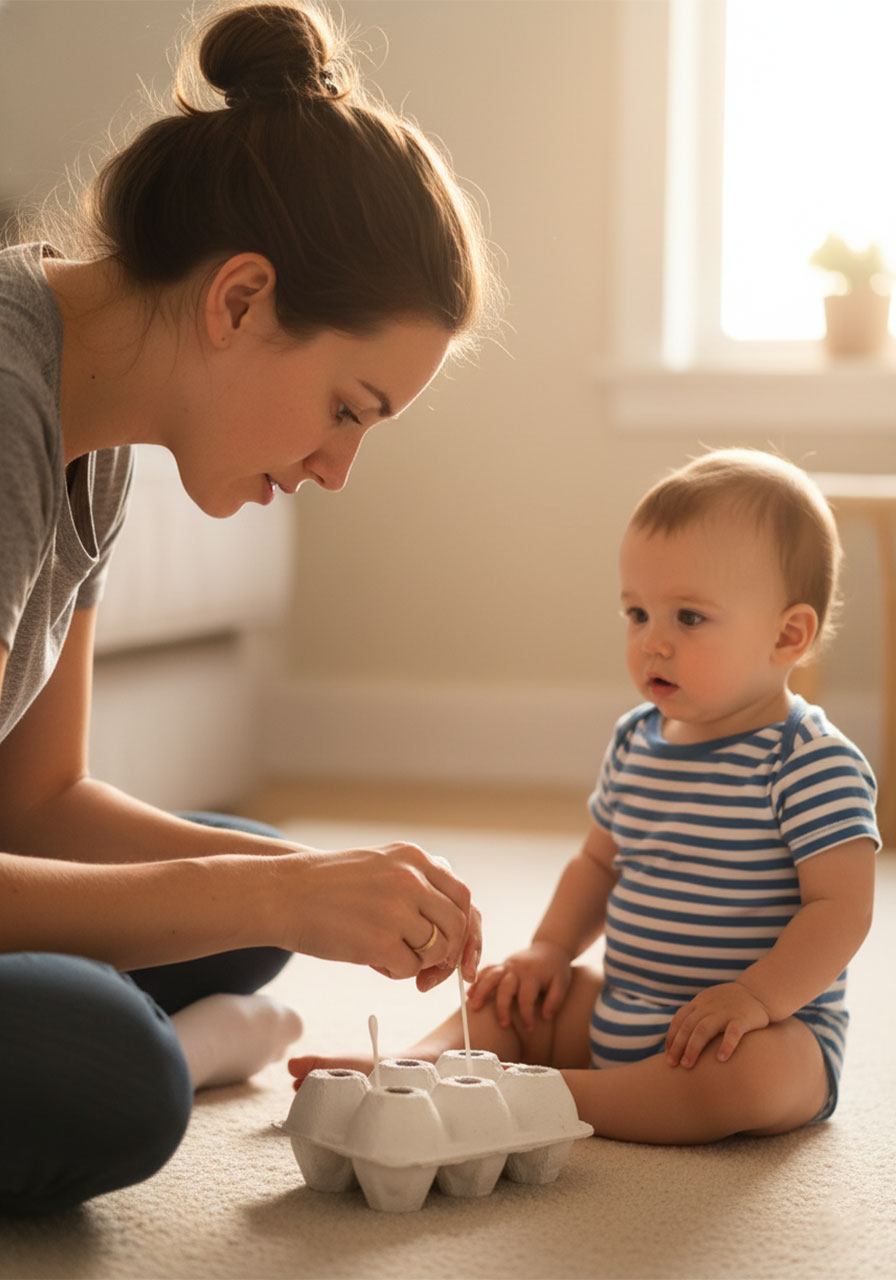 Mother demonstrating how to push a q-tip through egg carton hole to her toddler — introducing the Q-tip push baby activity