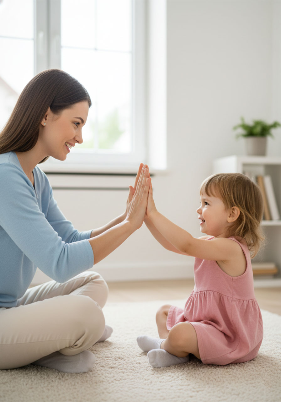 Mother and toddler playing the Pat-a-Cake mirror hand-clapping game facing each other