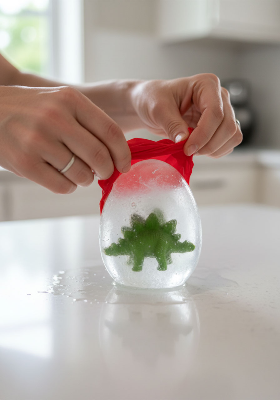Adult hands peeling a red balloon off a clear frozen ice egg revealing a plastic dinosaur trapped inside