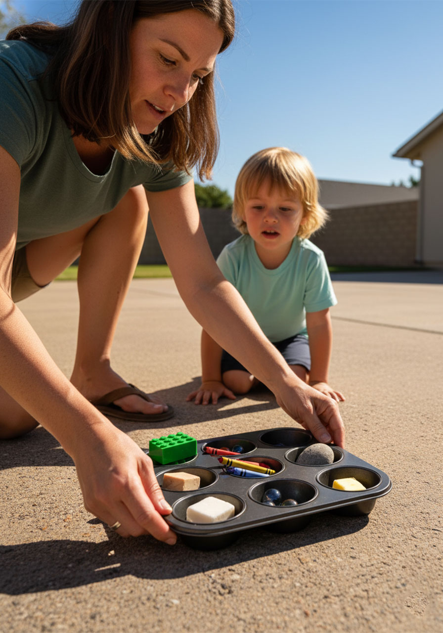 Mom and child placing a muffin tin of objects in direct sunlight for a melting science experiment