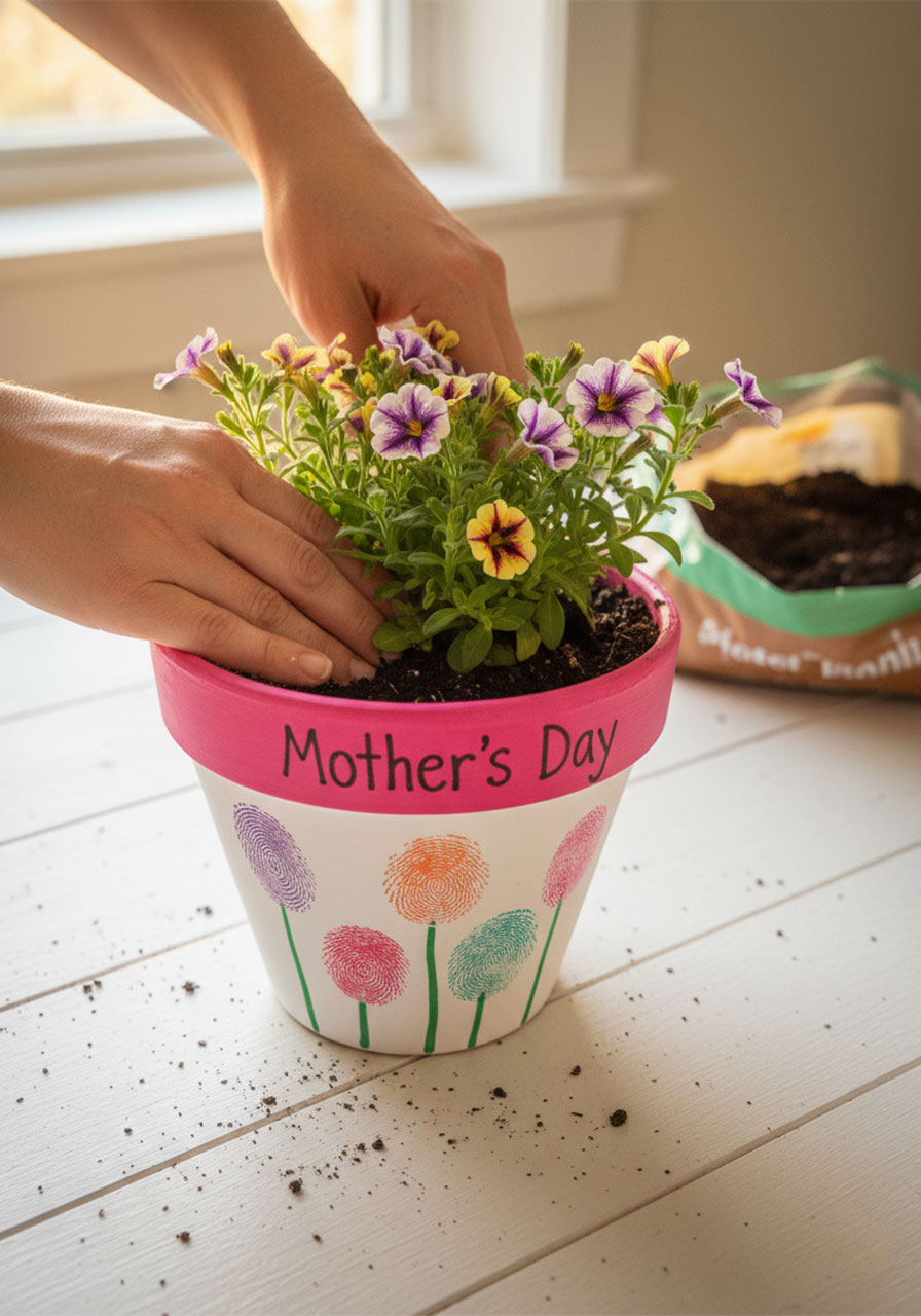 Adult hands planting small purple flowering calibrachoa plant inside a completed fingerprint Mothers Day flower pot gift