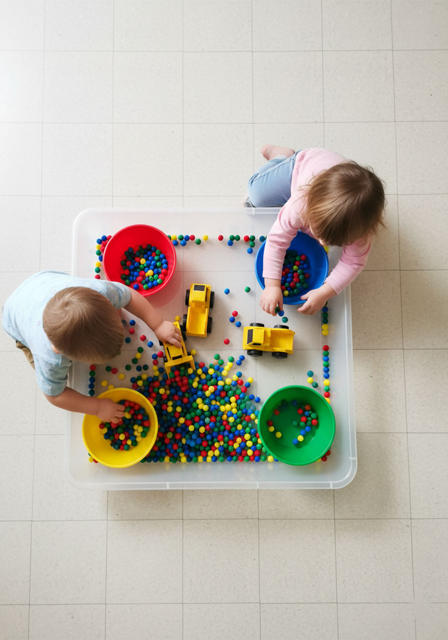 Two toddlers playing pom pom colour construction site sorting activity with dump trucks and coloured bowls in plastic tray