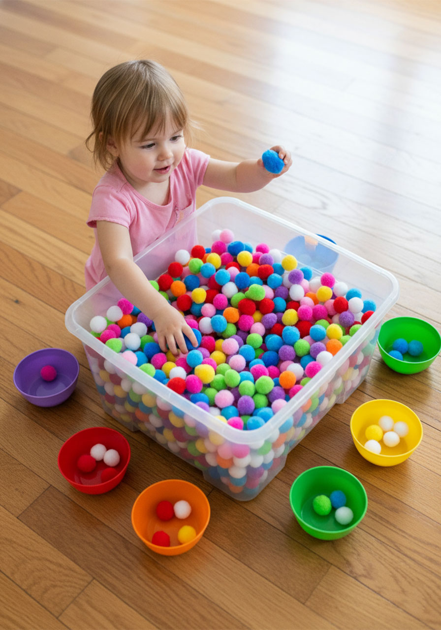 Toddler digging through large rainbow pom pom sensory bin and sorting pom poms by colour into matching coloured bowls