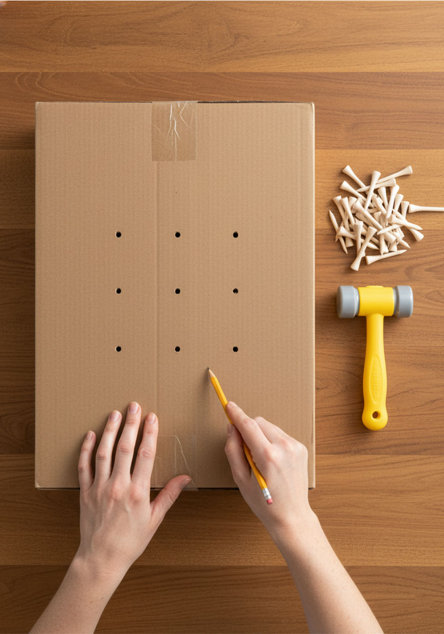 Adult hand using pencil to pre-punch starter holes in cardboard box before toddler hammering activity