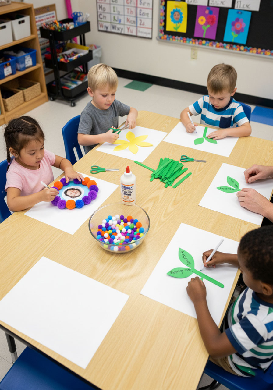 Preschool classroom with four young children at a craft table making Mother's Day flower pot crafts together, showing shared supplies and teacher guidance