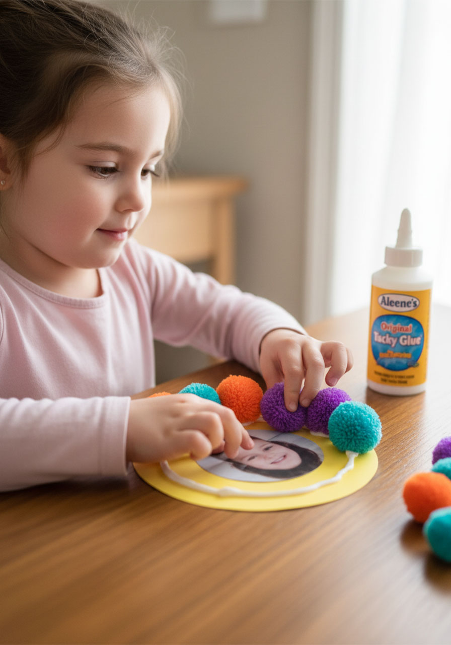 Preschool girl pressing colorful pom poms around a photo circle to make the pom pom flower variation of the Mother's Day flower pot craft