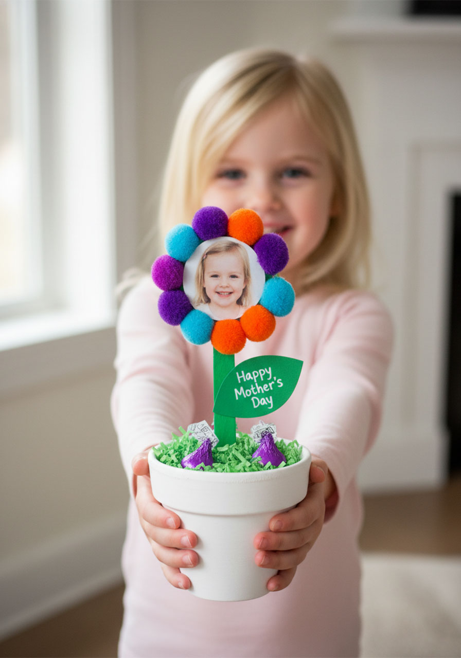 Proud preschool girl presenting her finished handmade Mother's Day flower pot craft as a gift, showing pom pom flower with her photo inside a white painted terra cotta pot	