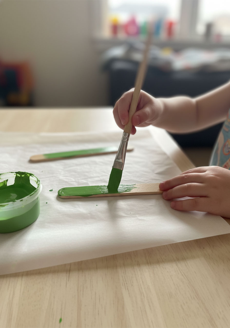 Close-up of preschool child's hands painting a jumbo craft stick green as the stem for a Mother's Day flower pot craft