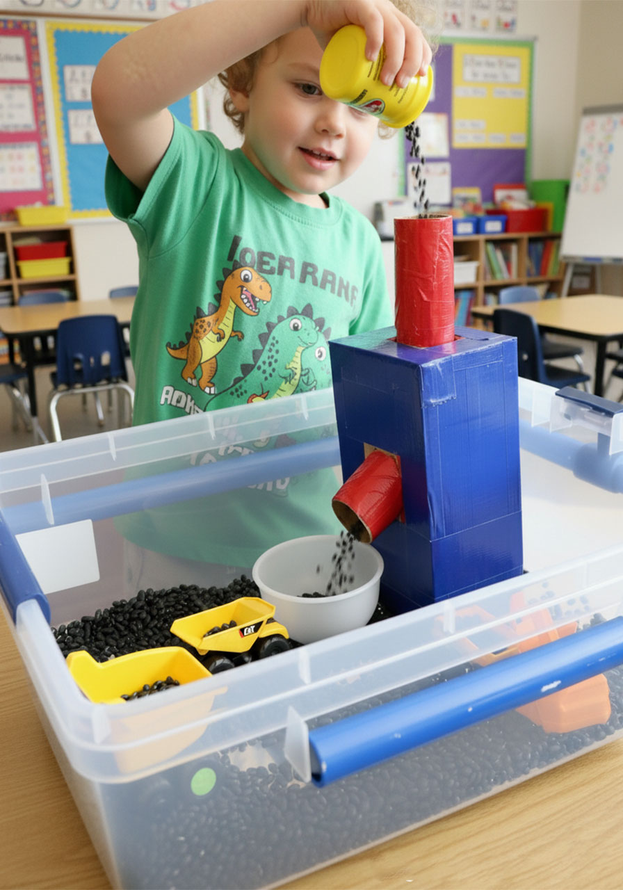 Preschooler pouring beans into a DIY cardboard funnel tower during construction truck sensory bin play