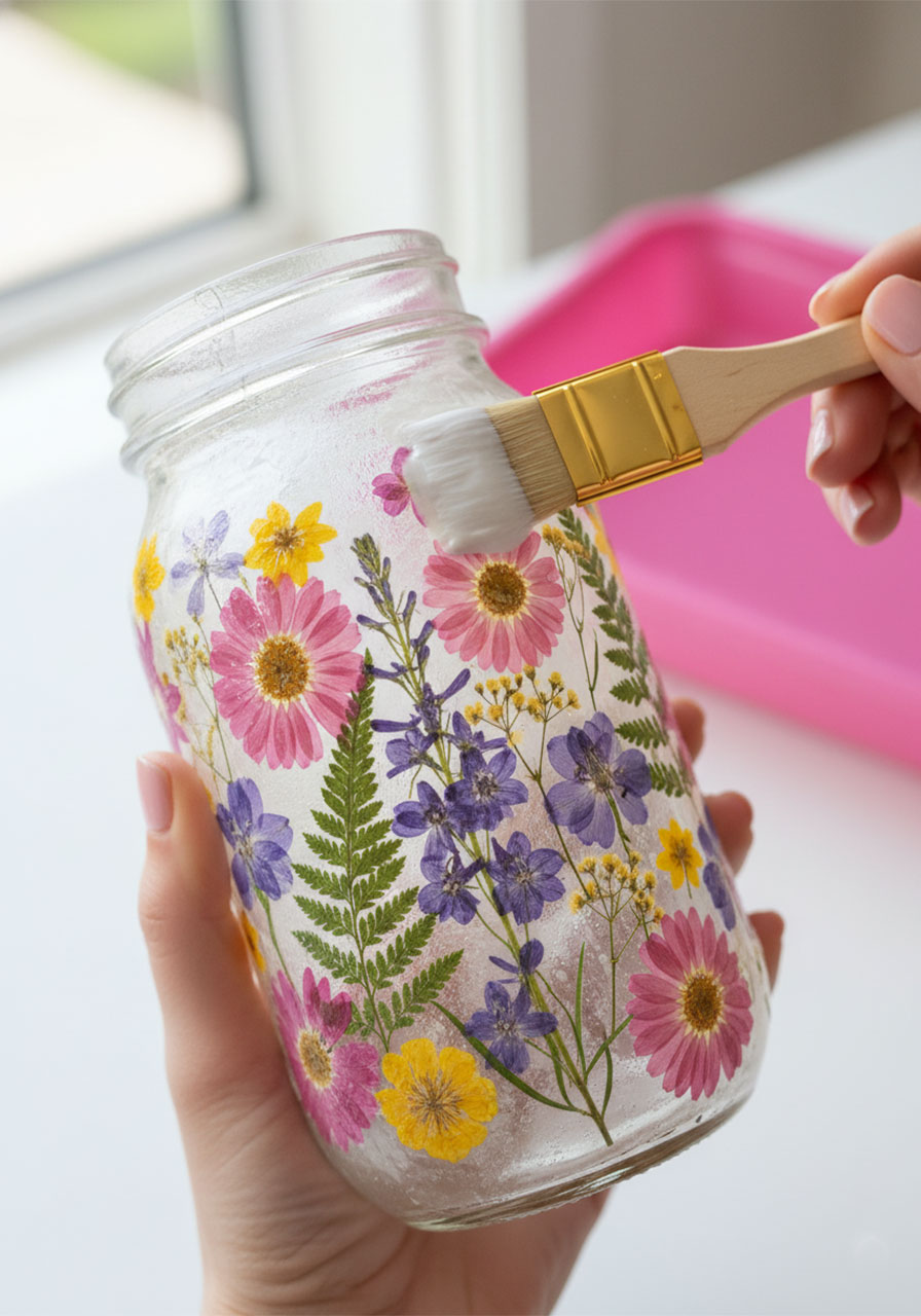 Applying the final Mod Podge coat over a glass jar fully covered in colorful pressed dried flowers for a DIY pressed flower lantern