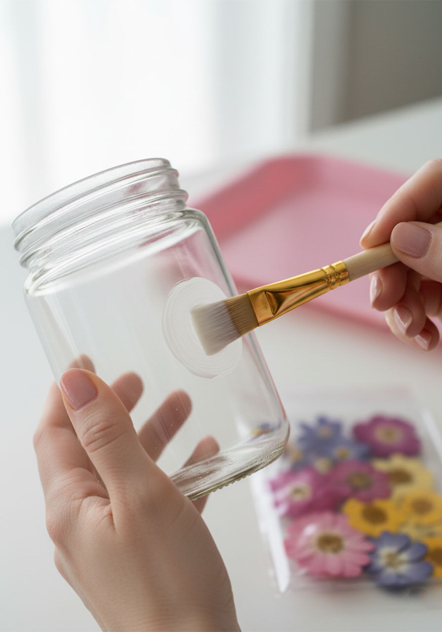 Applying a thin layer of Mod Podge to a glass jar as the first step in making a DIY pressed flower lantern