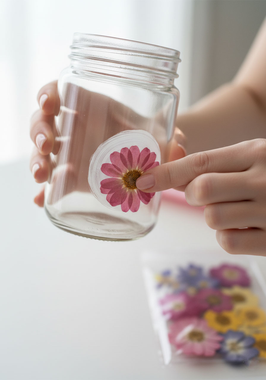 Pressing a dried pink daisy flower onto a glass jar coated with Mod Podge, step 2 in the DIY pressed flower lantern tutorial