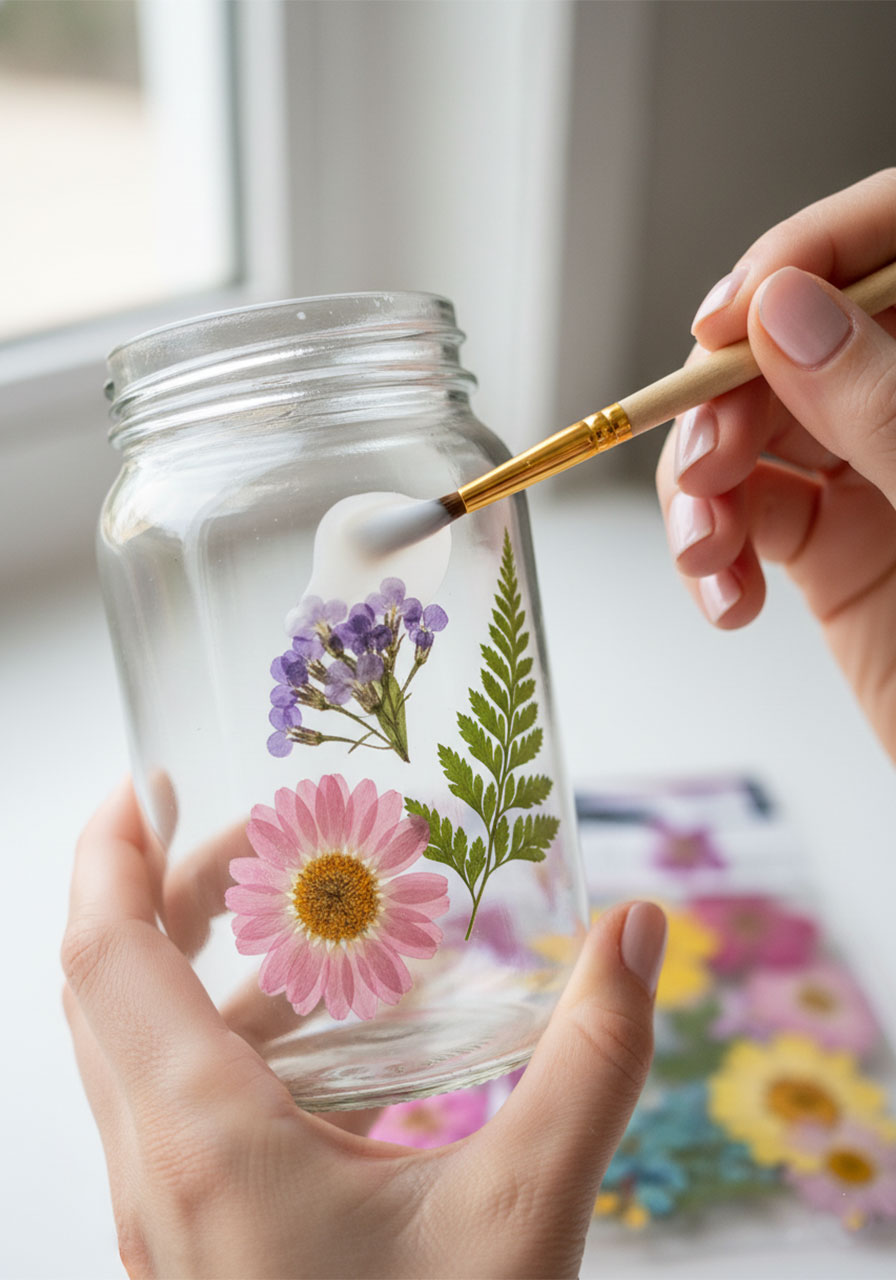 Sealing a pressed flower onto a glass jar by brushing Mod Podge over the top - step 3 of the pressed flower lantern DIY tutorial