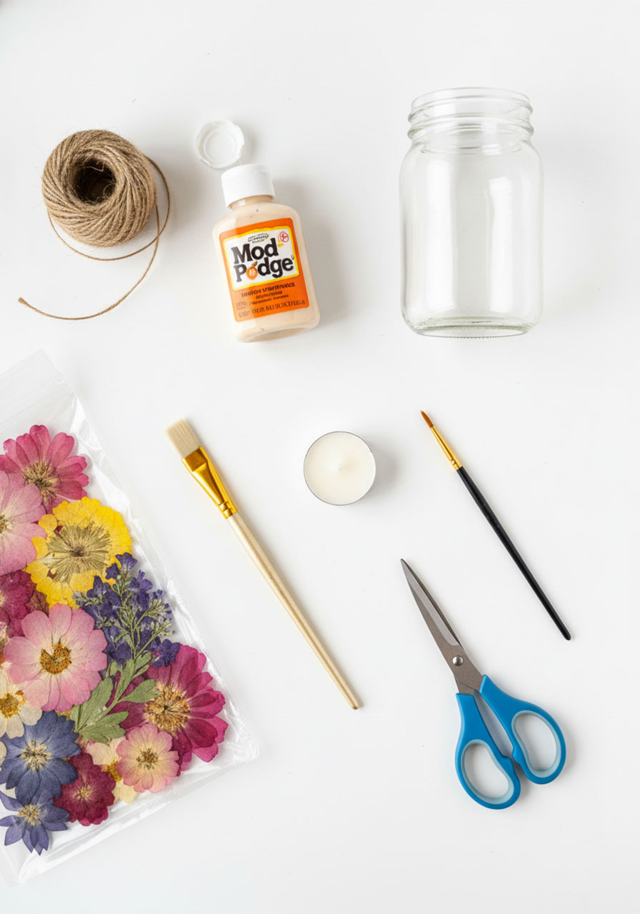All supplies needed to make DIY pressed flower lanterns: glass jar, Mod Podge, dried pressed flowers, paintbrushes, jute twine, and tealight candle