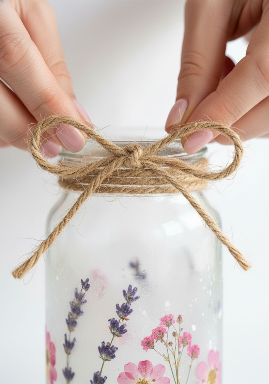 Tying a jute twine bow around the neck of a finished pressed flower lantern as the final decorative step