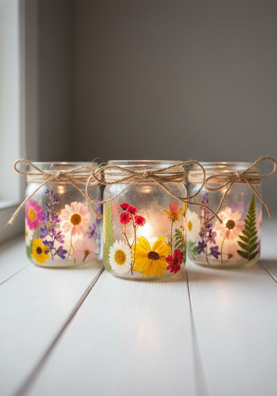 Three finished DIY pressed flower lanterns with glowing tealight candles, tied with jute twine bows - handmade Mother's Day gift idea