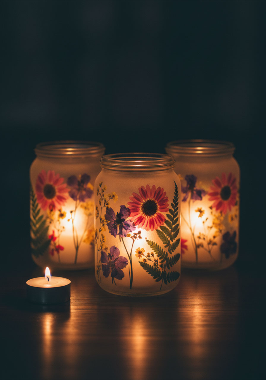 Three DIY pressed flower lanterns glowing in dim candlelight, showing the stained-glass botanical effect — perfect Mother's Day centerpiece or gift