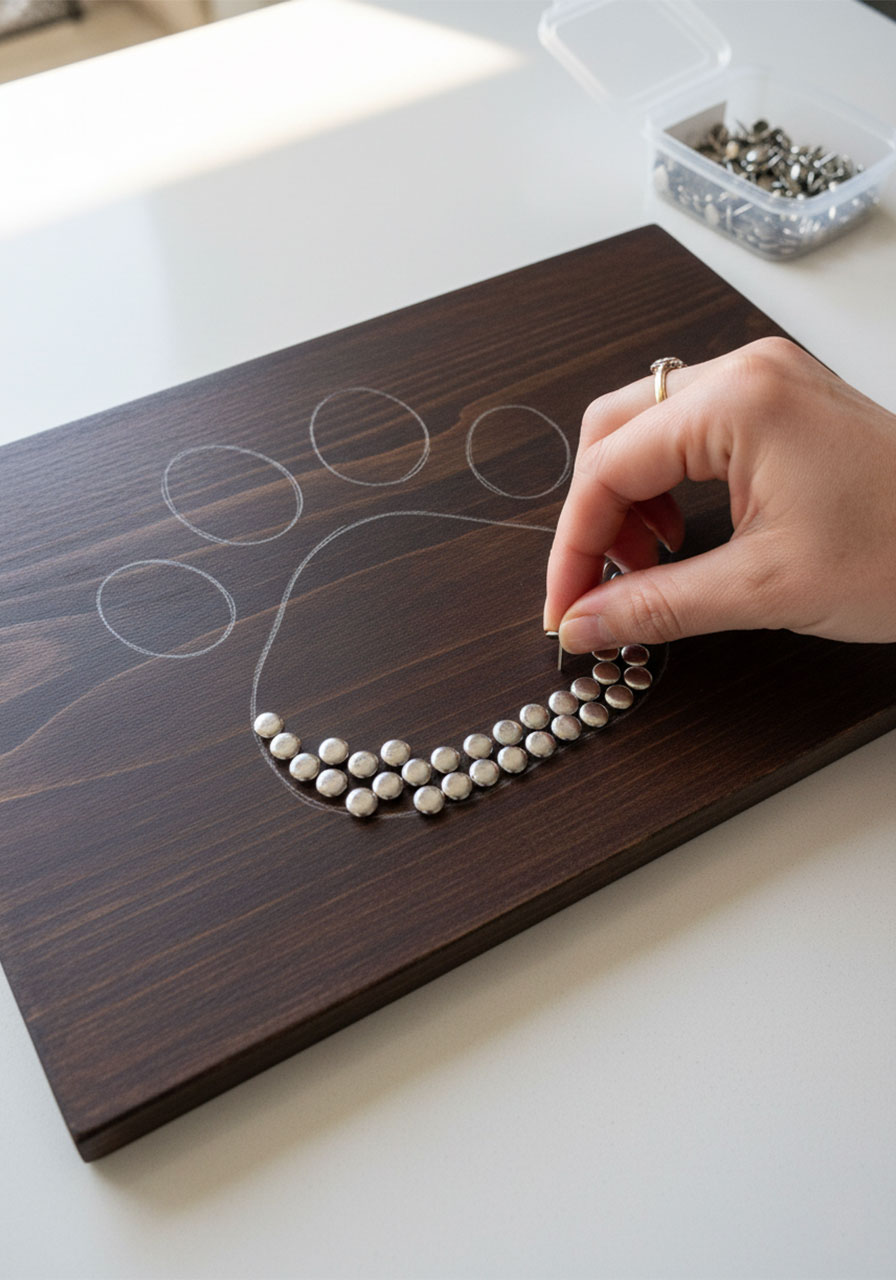 Adult pressing silver thumbtacks into pencil-outlined paw print shape on stained wood board