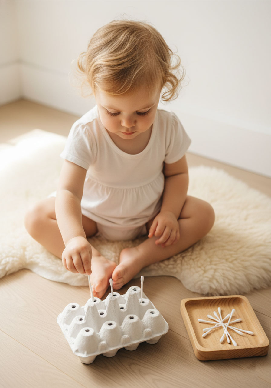 Toddler girl doing Q-tip push activity with egg carton and q-tips on sheepskin rug — fun fine motor baby activity