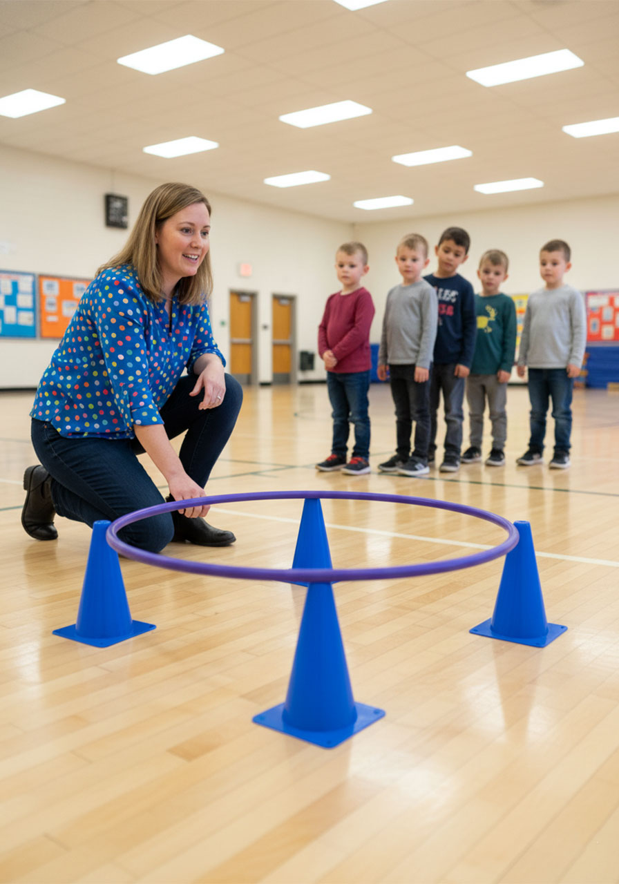 Teacher explaining the Rabbit Hole gross motor group game to students in an elementary school gym setting