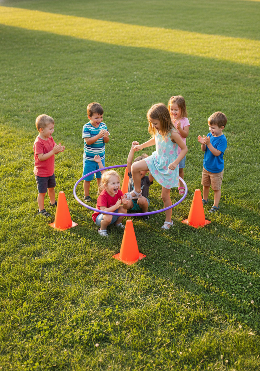 Group of kids playing the Rabbit Hole gross motor game with a hula hoop balanced on cones outdoors
