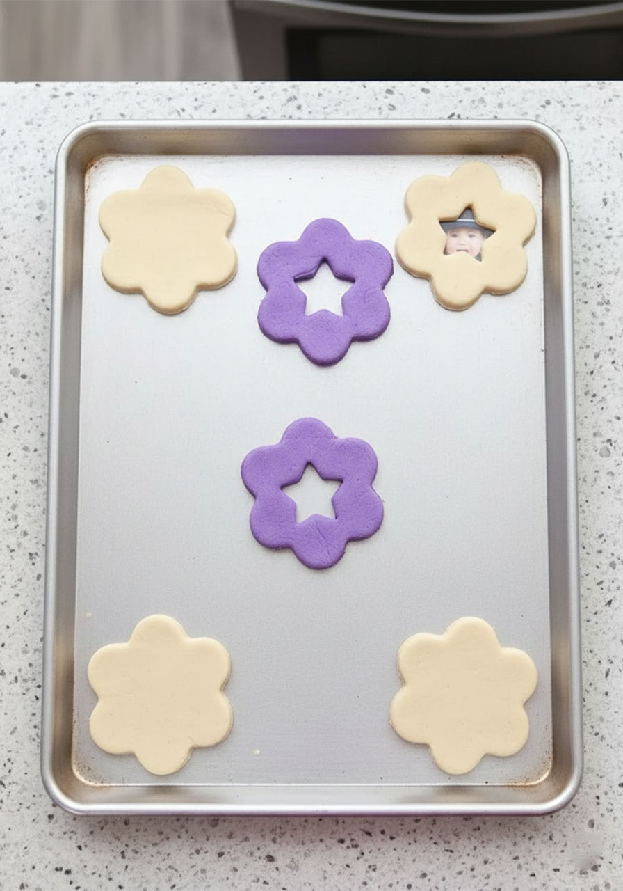Six raw unbaked salt dough flower shapes arranged on a non-stick baking tray, ready to go in the oven to dry