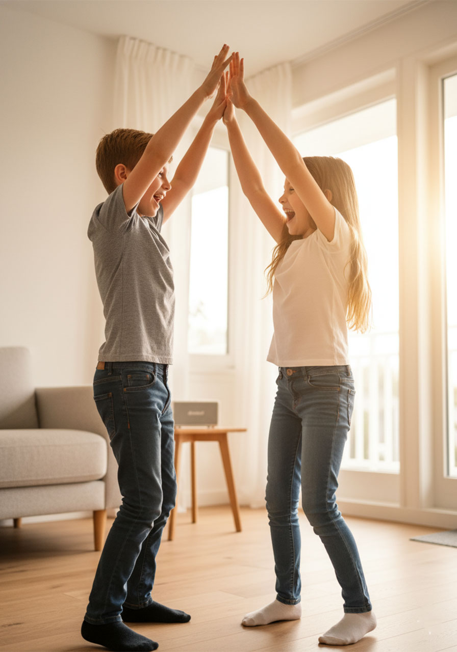 Two kids playing the Rockin' Robin hand-clapping game performing the high overhead clap together