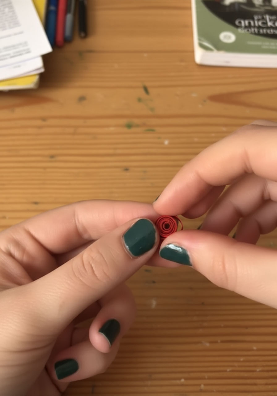 Child's hands rolling a red paper spiral into a mini paper rose bud, step 4 of the DIY paper rose bouquet tutorial