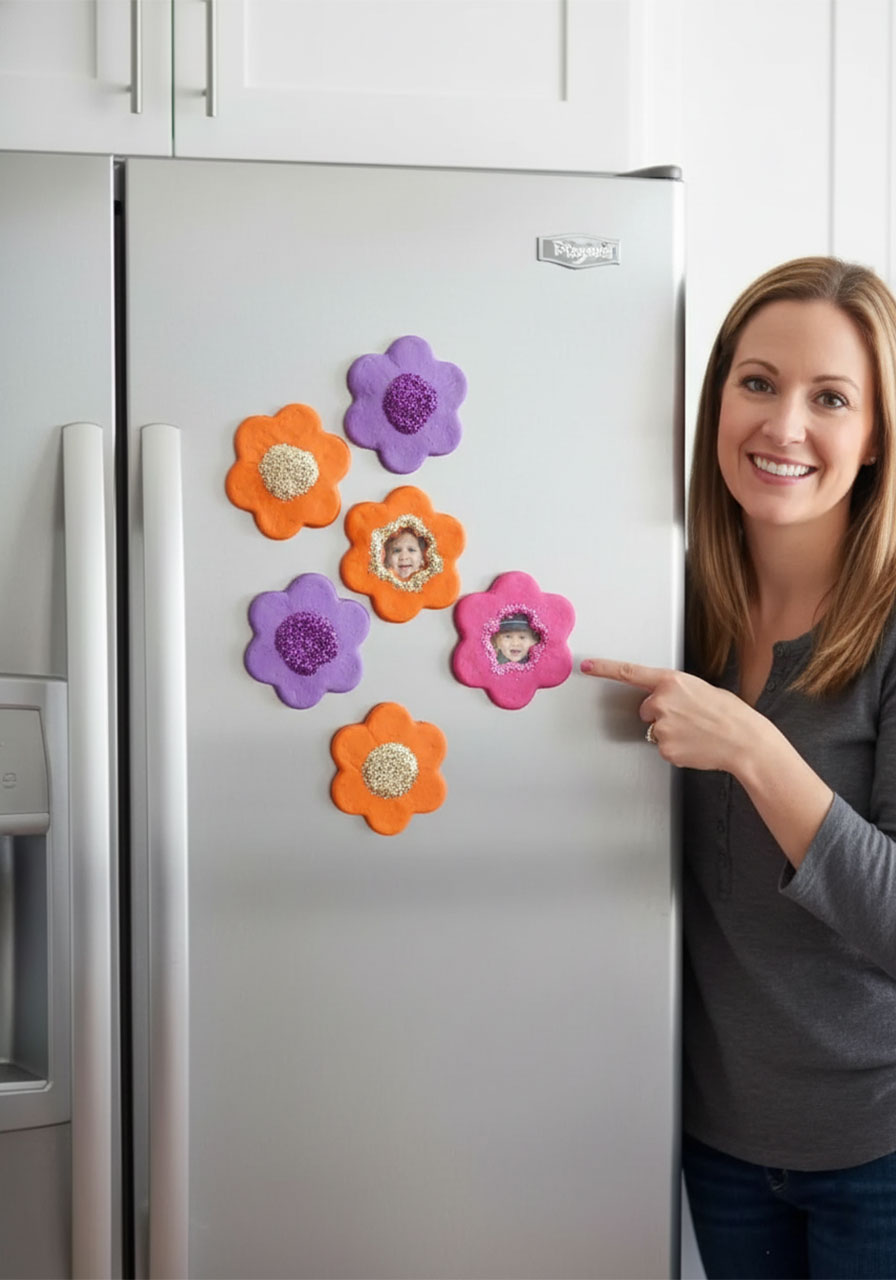 Five colorful salt dough flower magnets displayed on a stainless steel fridge, including photo cutout versions, as a handmade Mother's Day gift